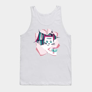 Bookish cat // white cat with tea mug teal white fuchsia and pastel pink books Tank Top